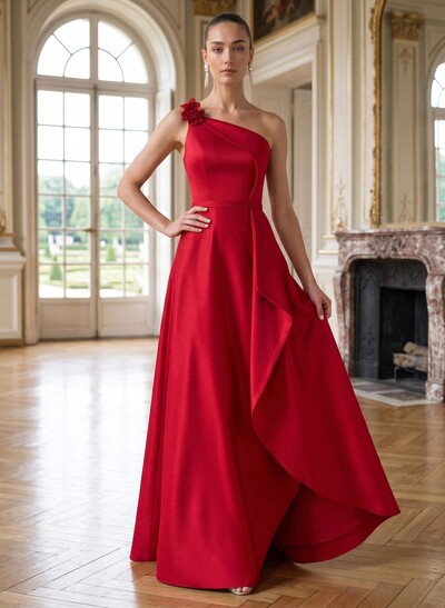 A-Line One-Shoulder Sleeveless Floor-Length Satin Mother Of The Bride Dresses With Ruffle/Flower(s)