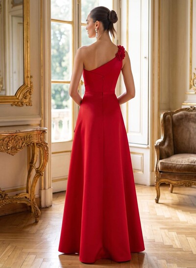 A-Line One-Shoulder Sleeveless Floor-Length Satin Mother Of The Bride Dresses With Ruffle/Flower(s)