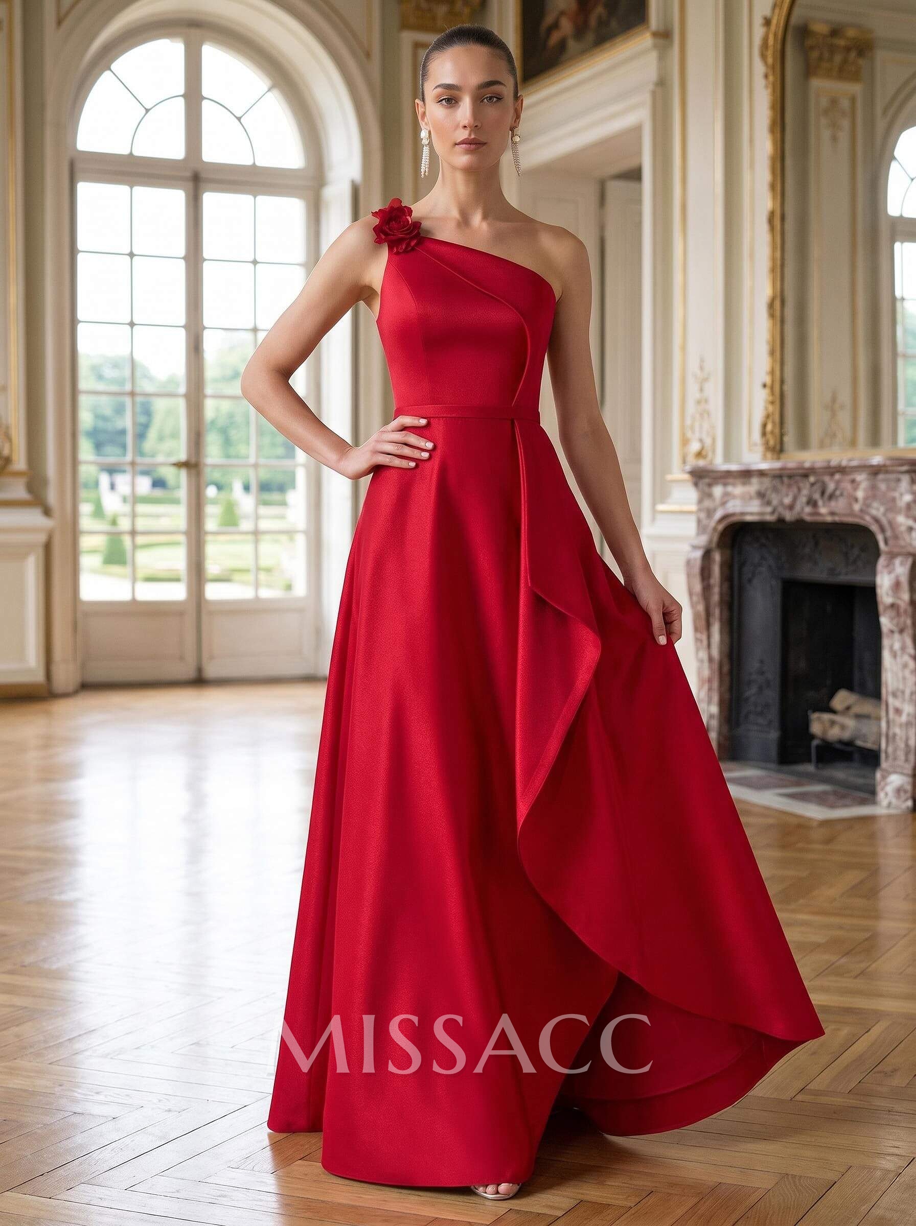 A-Line One-Shoulder Sleeveless Floor-Length Satin Mother Of The Bride Dresses With Ruffle/Flower(s)