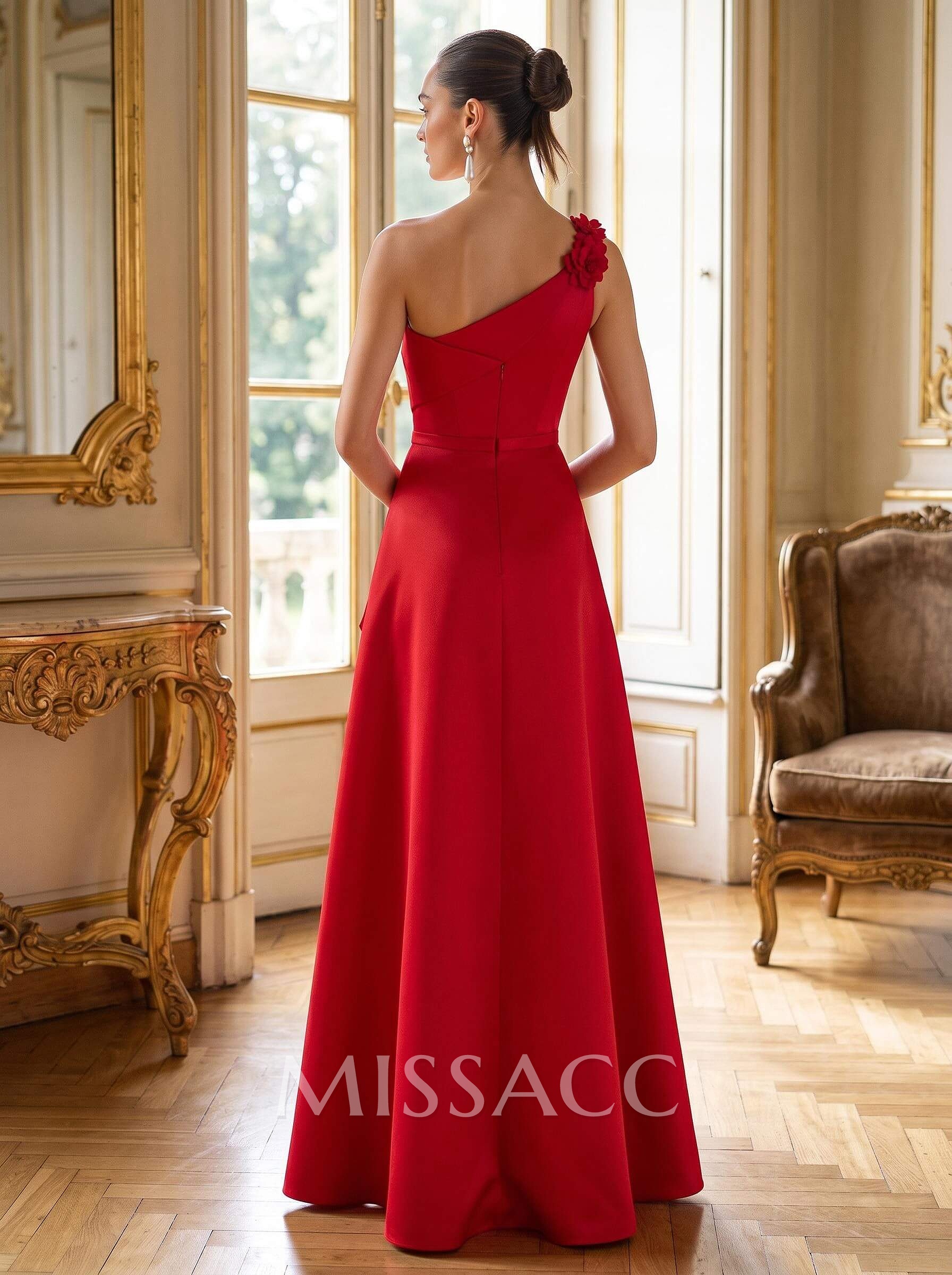 A-Line One-Shoulder Sleeveless Floor-Length Satin Mother Of The Bride Dresses With Ruffle/Flower(s)