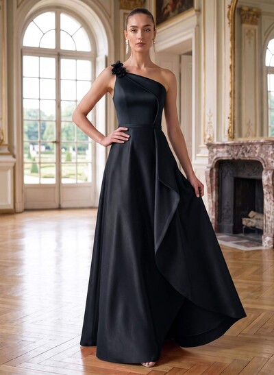 A-Line One-Shoulder Sleeveless Floor-Length Satin Mother Of The Bride Dresses With Ruffle/Flower(s)