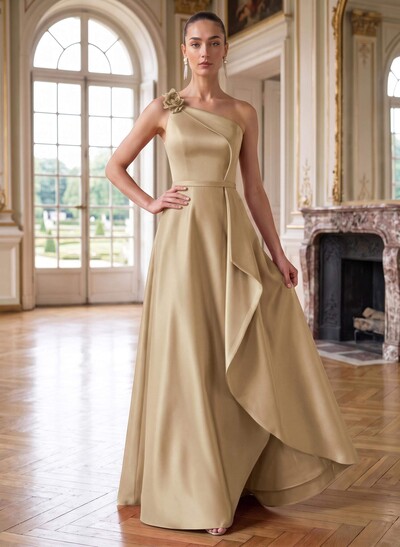 A-Line One-Shoulder Sleeveless Floor-Length Satin Mother Of The Bride Dresses With Ruffle/Flower(s)