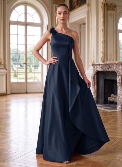 A-Line One-Shoulder Sleeveless Floor-Length Satin Mother Of The Bride Dresses With Ruffle/Flower(s)