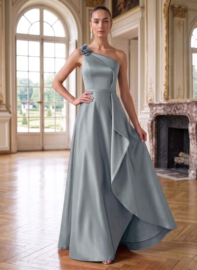 A-Line One-Shoulder Sleeveless Floor-Length Satin Mother Of The Bride Dresses With Ruffle/Flower(s)