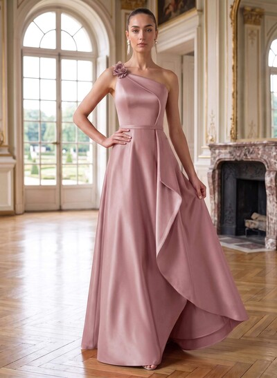 A-Line One-Shoulder Sleeveless Floor-Length Satin Mother Of The Bride Dresses With Ruffle/Flower(s)