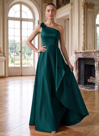 A-Line One-Shoulder Sleeveless Floor-Length Satin Mother Of The Bride Dresses With Ruffle/Flower(s)