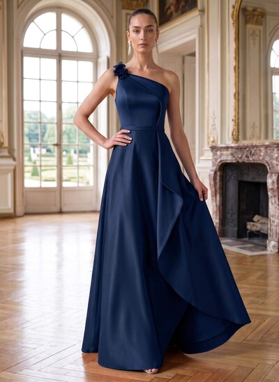 A-Line One-Shoulder Sleeveless Floor-Length Satin Mother Of The Bride Dresses With Ruffle/Flower(s)