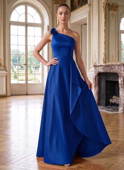 A-Line One-Shoulder Sleeveless Floor-Length Satin Mother Of The Bride Dresses With Ruffle/Flower(s)