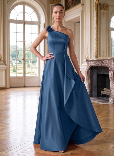 A-Line One-Shoulder Sleeveless Floor-Length Satin Mother Of The Bride Dresses With Ruffle/Flower(s)