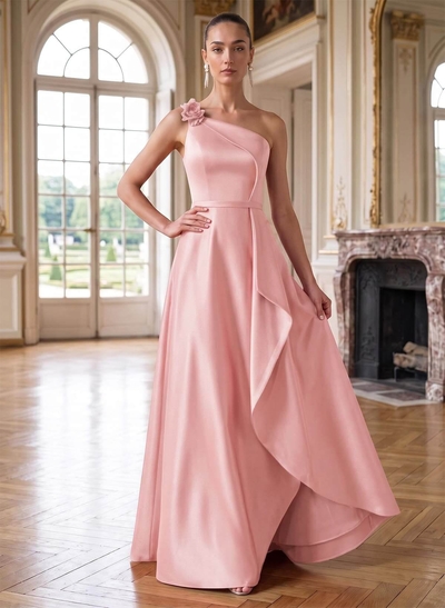 A-Line One-Shoulder Sleeveless Floor-Length Satin Mother Of The Bride Dresses With Ruffle/Flower(s)