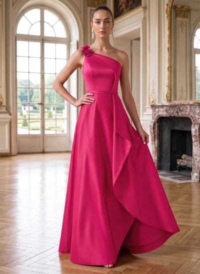A-Line One-Shoulder Sleeveless Floor-Length Satin Mother of the Bride Dresses with Ruffle/Floral Details