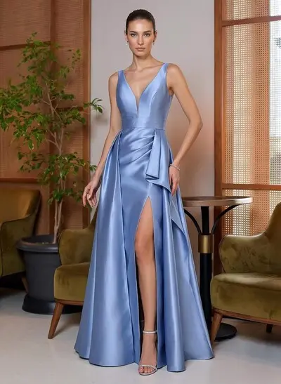 A-Line V-Neck Floor-Length Satin Mother Of The Bride Dresses With Ruffle/High Split/Overskirt Dress