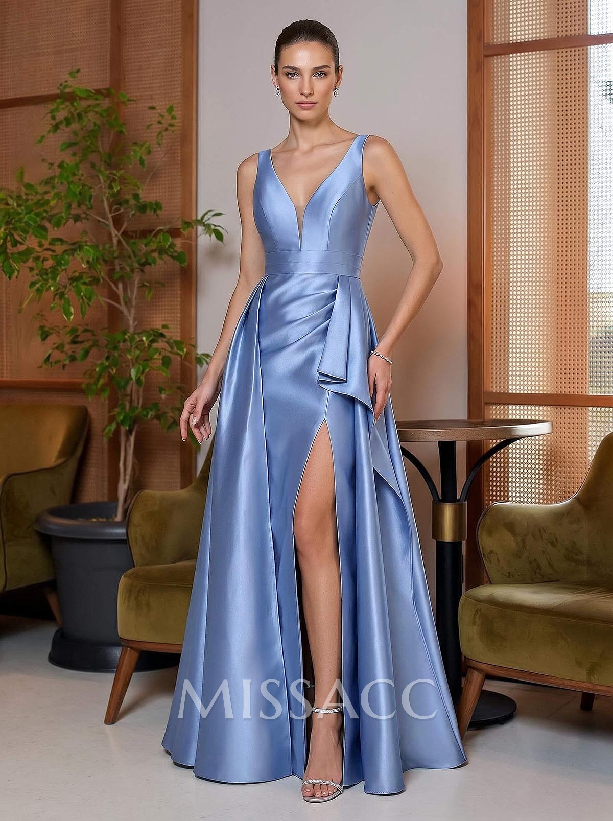 A-Line V-Neck Floor-Length Satin Mother Of The Bride Dresses With Ruffle/High Split/Overskirt Dress