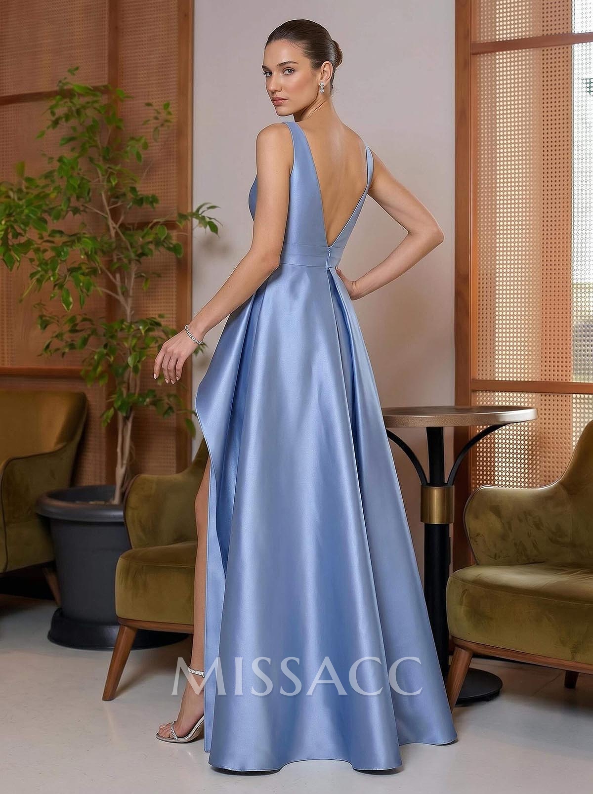 A-Line V-Neck Floor-Length Satin Mother Of The Bride Dresses With Ruffle/High Split/Overskirt Dress