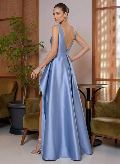 A-Line V-Neck Floor-Length Satin Mother Of The Bride Dresses With Ruffle/High Split/Overskirt Dress