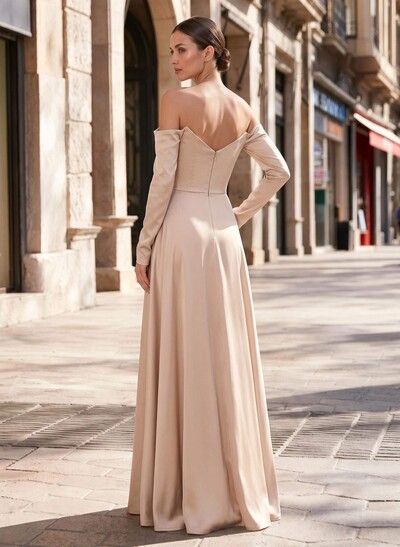 A-Line Sweetheart Long Sleeves Floor-Length Crepe Satin Mother Of The Bride Dresses With Split Front