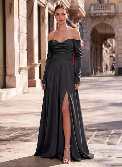A-Line Sweetheart Long Sleeve Floor-Length Crepe Satin Mother Of The Bride Dress With Front Split