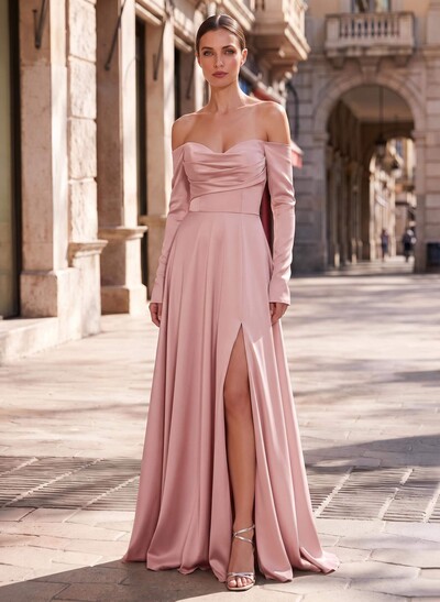 A-Line Sweetheart Long Sleeve Floor-Length Crepe Satin Mother of the Bride Dress with Front Split