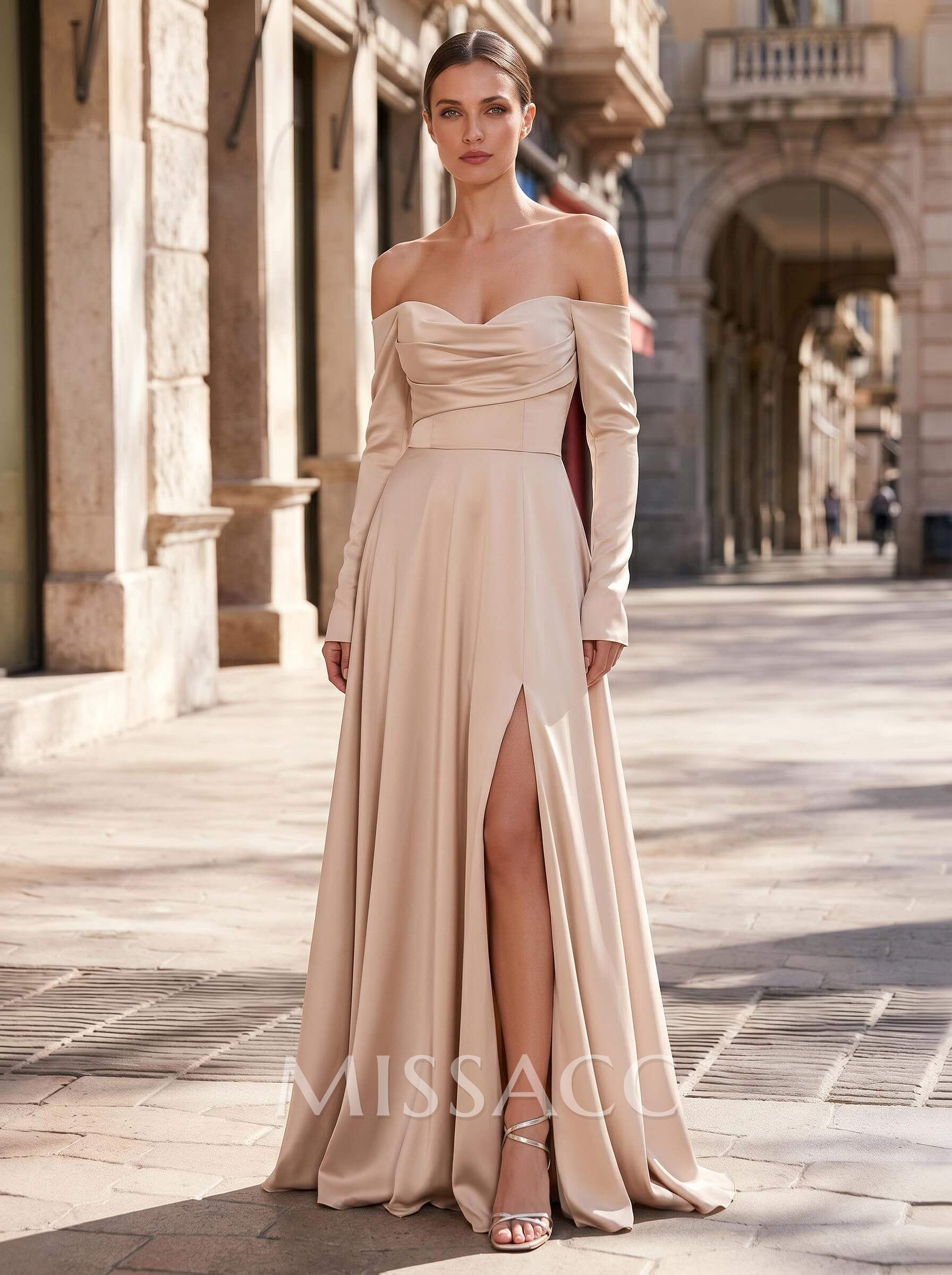 A-Line Sweetheart Long Sleeves Floor-Length Crepe Satin Mother Of The Bride Dresses With Split Front