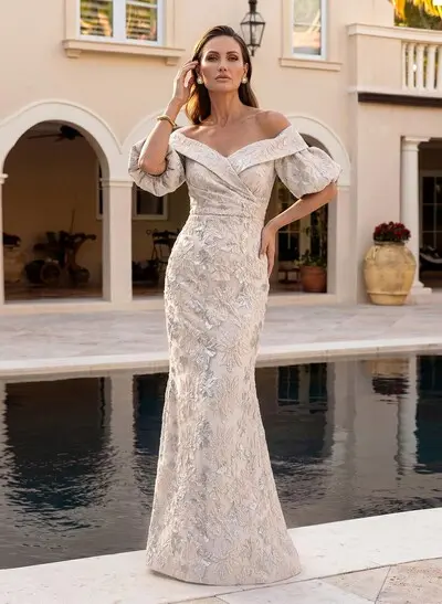 Sheath/Column Off-The-Shoulder Short Sleeves Floor-Length Satin Mother Of The Bride Dresses With Back Slit