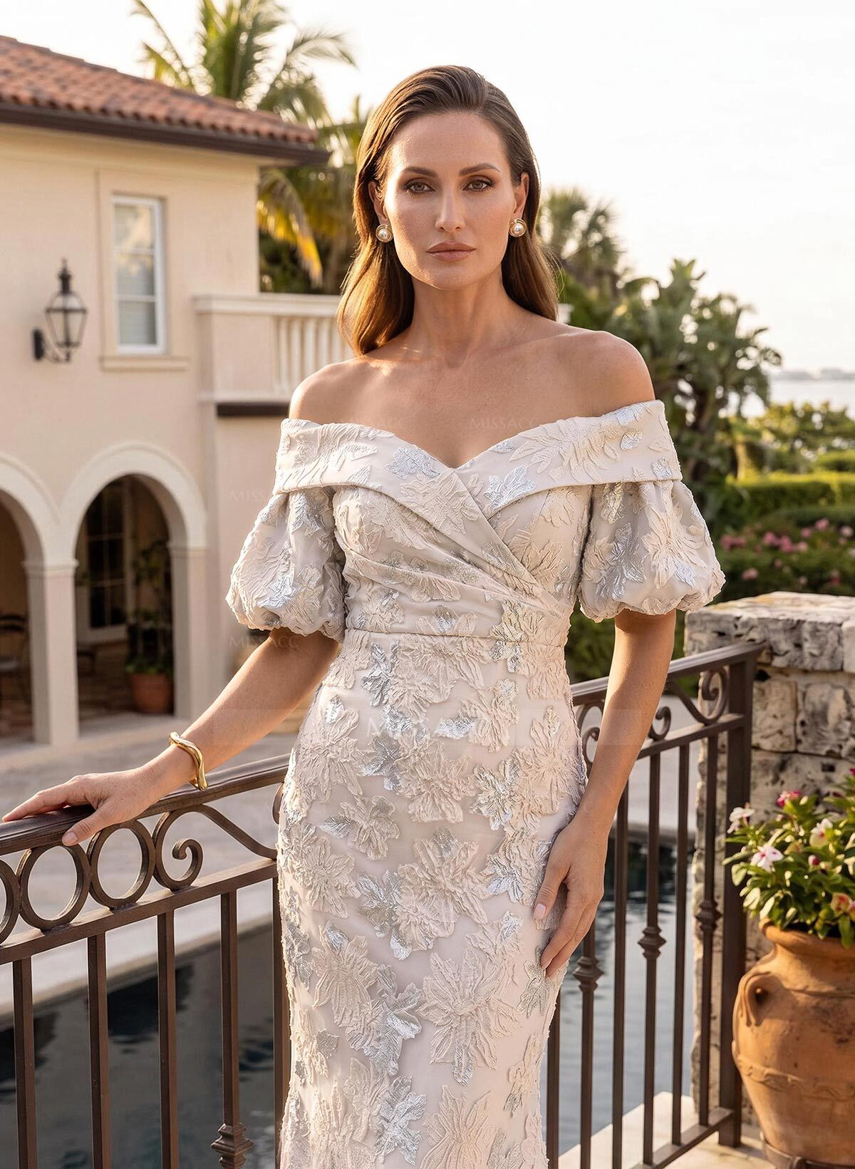 Sheath/Column Off-The-Shoulder Short Sleeves Floor-Length Satin Mother Of The Bride Dresses With Back Slit