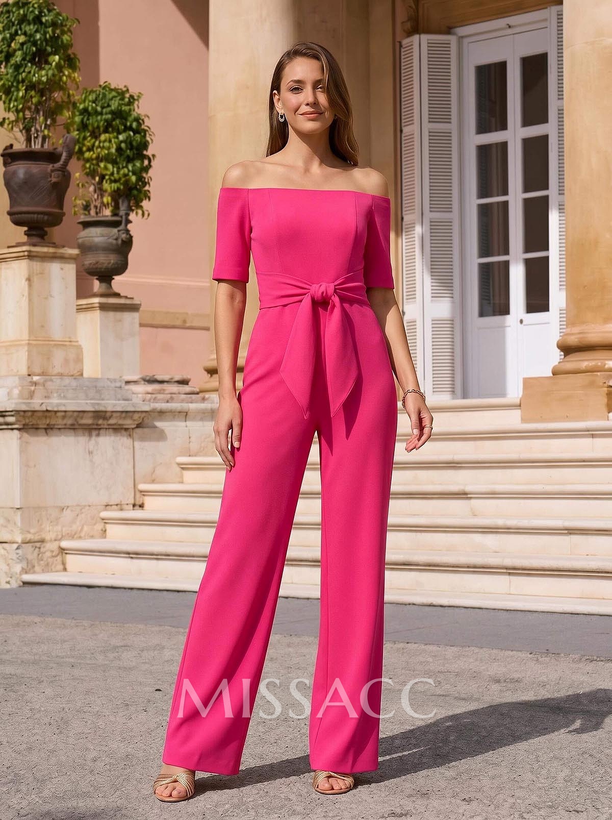 Pantsuit Off-The-Shoulder Floor-Length Elastic Satin Mother Of The Bride Dresses With Bow(s)