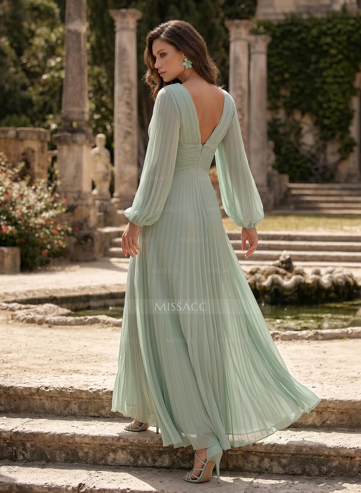 A-Line V-Neck Long Sleeves Floor-Length Chiffon Mother Of The Bride Dresses With Pleated