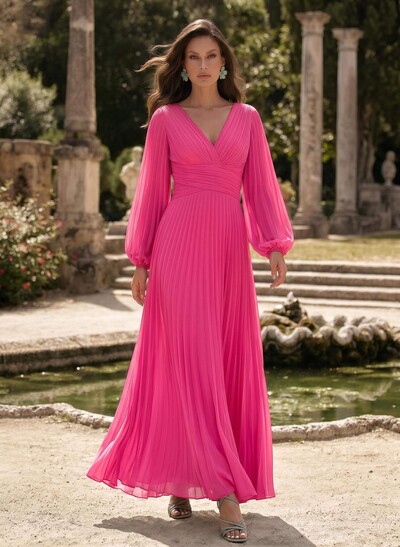 A-Line V-Neck Long Sleeves Floor-Length Chiffon Mother Of The Bride Dresses With Pleated