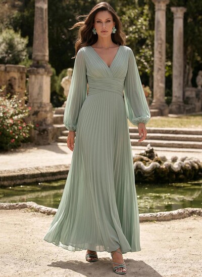 A-Line V-Neck Long Sleeves Floor-Length Chiffon Mother Of The Bride Dresses With Pleated