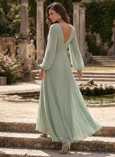 A-Line V-Neck Long Sleeves Floor-Length Chiffon Mother Of The Bride Dresses With Pleated