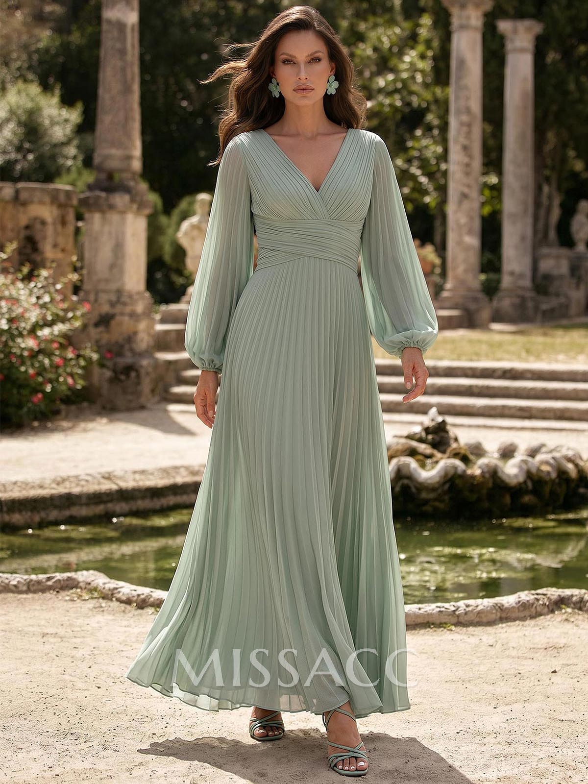A-Line V-Neck Long Sleeves Floor-Length Chiffon Mother Of The Bride Dresses With Pleated A-Line V-Neck Long Sleeves Floor-Length Chiffon Mother Of The Bride Dresses With Pleated