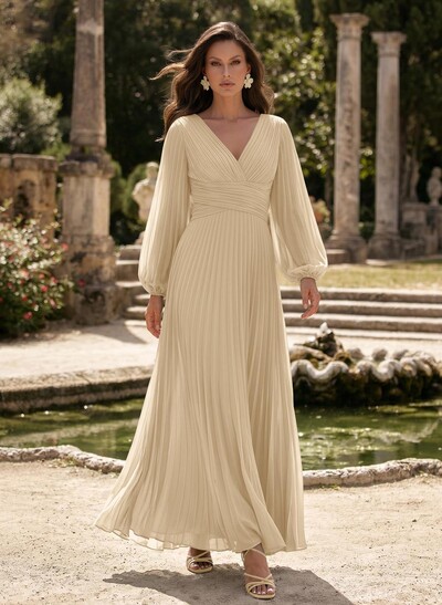 A-Line V-Neck Long Sleeves Floor-Length Chiffon Mother Of The Bride Dresses With Pleated