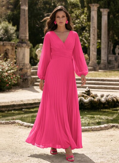 A-Line V-Neck Long Sleeves Floor-Length Chiffon Mother Of The Bride Dresses With Pleated