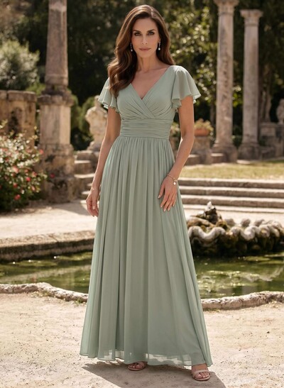 A-Line V-Neck Short Sleeves Sweep Train Chiffon Mother Of The Bride Dresses With Ruffle/Pleated