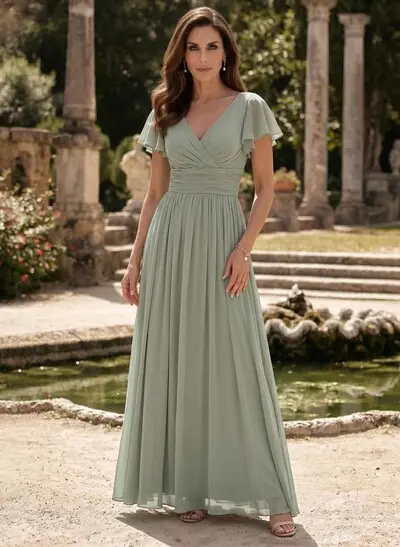 A-Line V-Neck Short Sleeves Sweep Train Chiffon Mother Of The Bride Dresses With Ruffle/Pleated