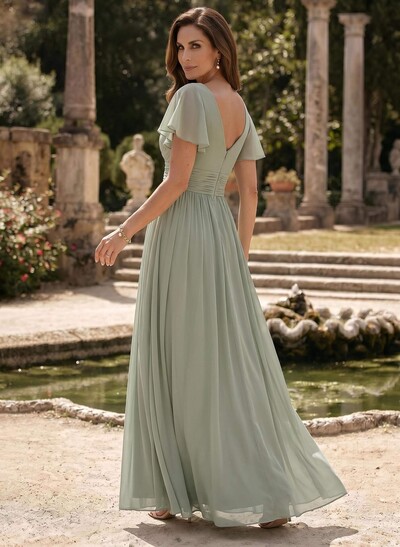 A-Line V-Neck Short Sleeves Sweep Train Chiffon Mother Of The Bride Dresses With Ruffle/Pleated