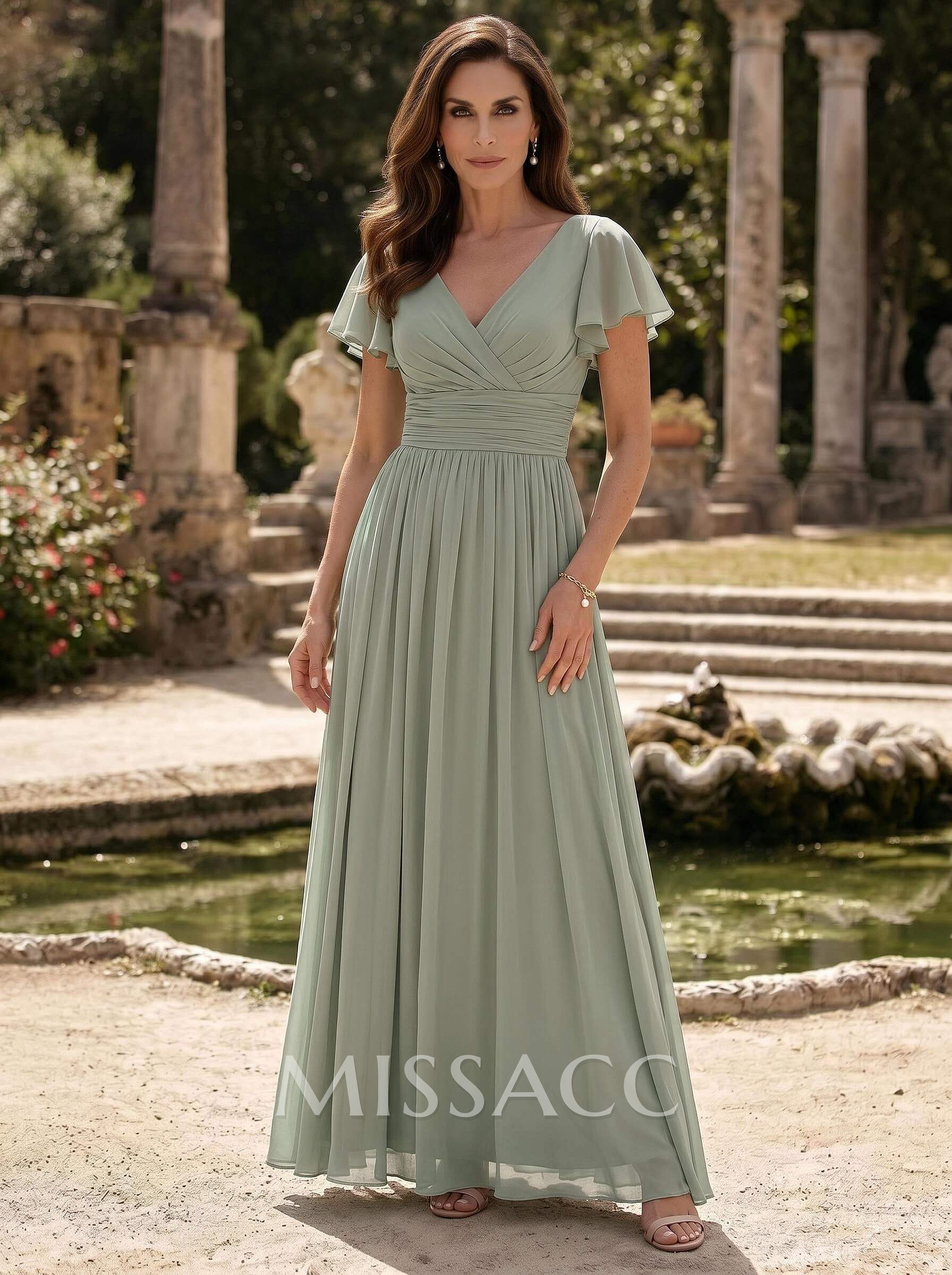 A-Line V-Neck Short Sleeves Sweep Train Chiffon Mother Of The Bride Dresses With Ruffle/Pleated