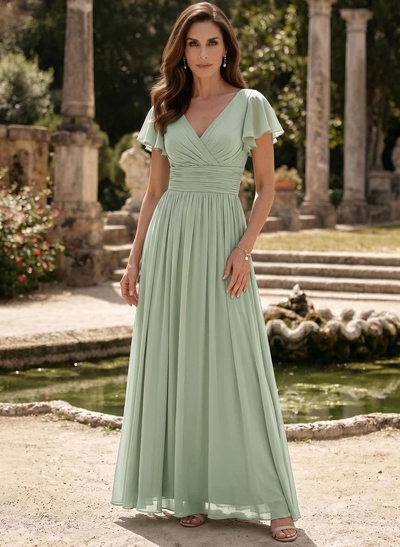 A-Line V-Neck Short Sleeves Sweep Train Chiffon Mother Of The Bride Dresses With Ruffle/Pleated