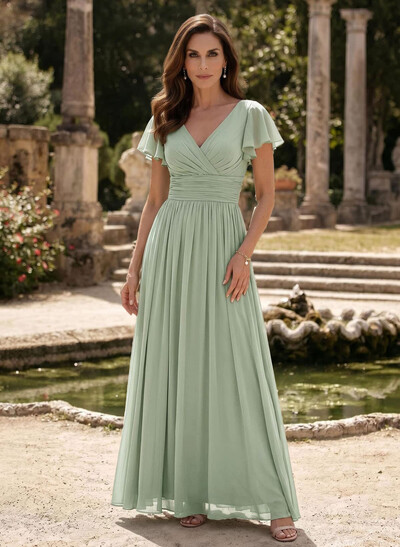A-Line V-Neck Short Sleeves Sweep Train Chiffon Mother Of The Bride Dresses With Ruffle/Pleated