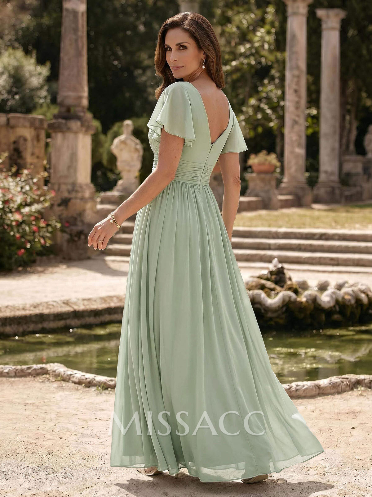 A-Line V-Neck Short Sleeves Sweep Train Chiffon Mother Of The Bride Dresses With Ruffle/Pleated