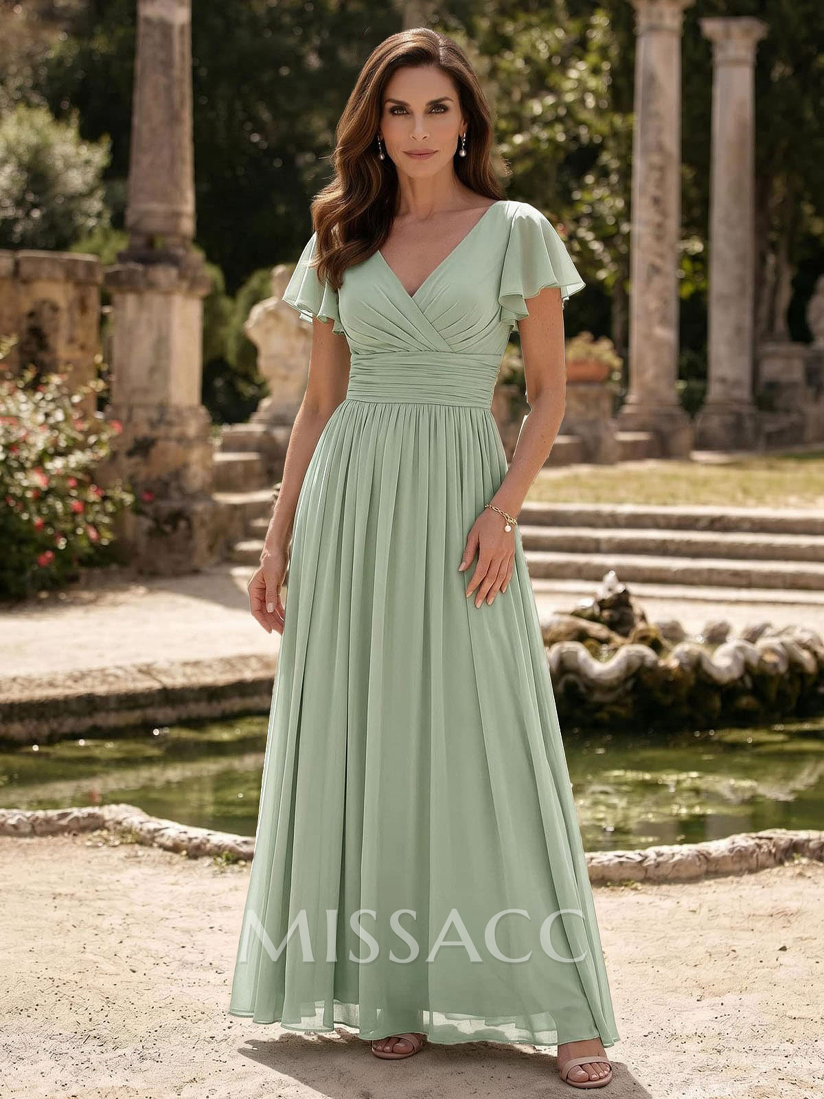 A-Line V-Neck Short Sleeves Sweep Train Chiffon Mother Of The Bride Dresses With Ruffle/Pleated