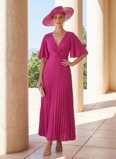 A-Line Plunge Neck 1/2 Sleeves Ankle-Length Elastic Satin Mother Of The Bride Dresses With Pleated