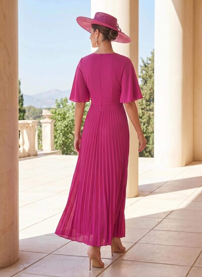 A-Line Plunge Neck 1/2 Sleeves Ankle-Length Elastic Satin Mother Of The Bride Dresses With Pleated