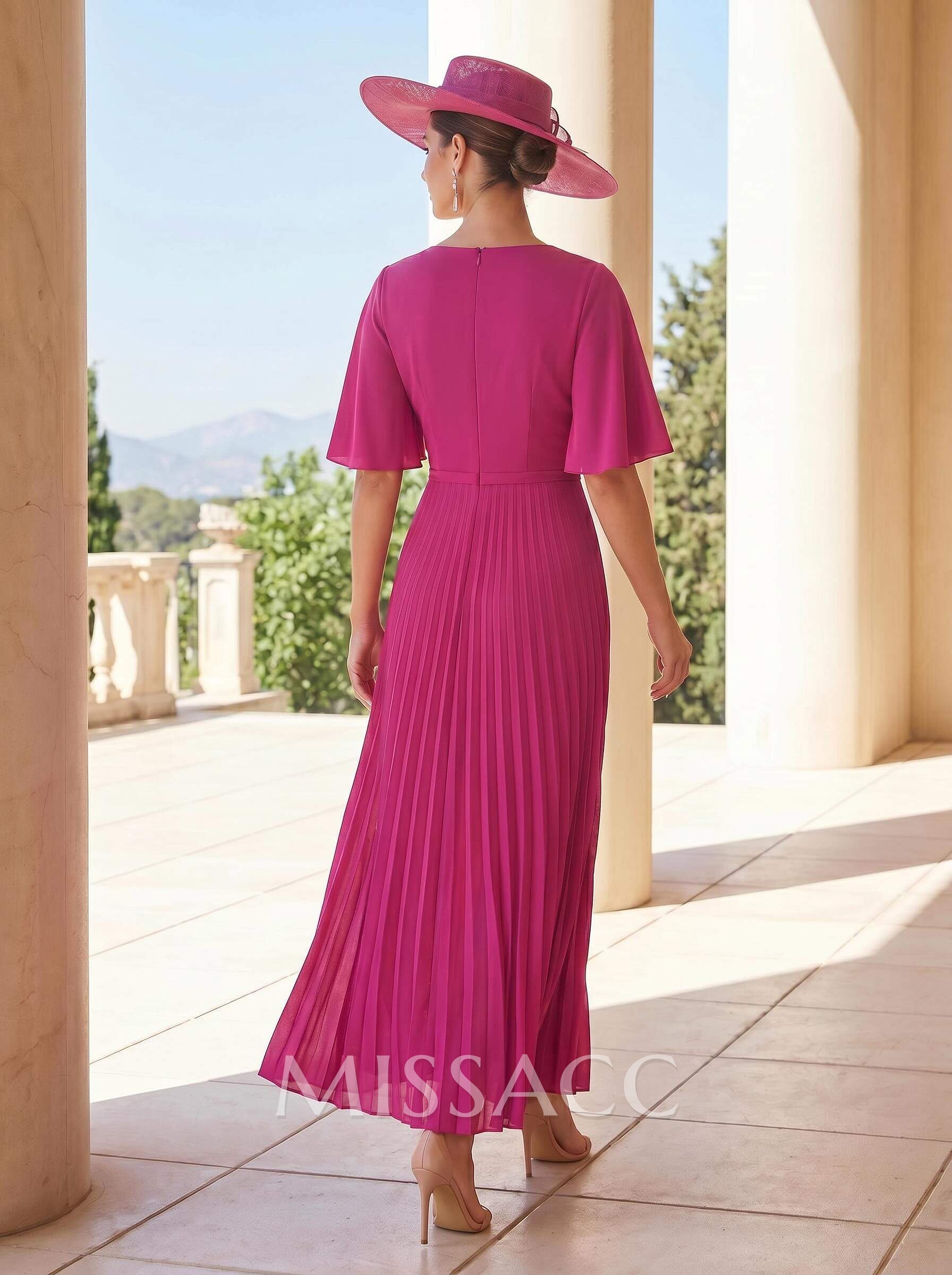 A-Line Plunge Neck 1/2 Sleeves Ankle-Length Elastic Satin Mother Of The Bride Dresses With Pleated