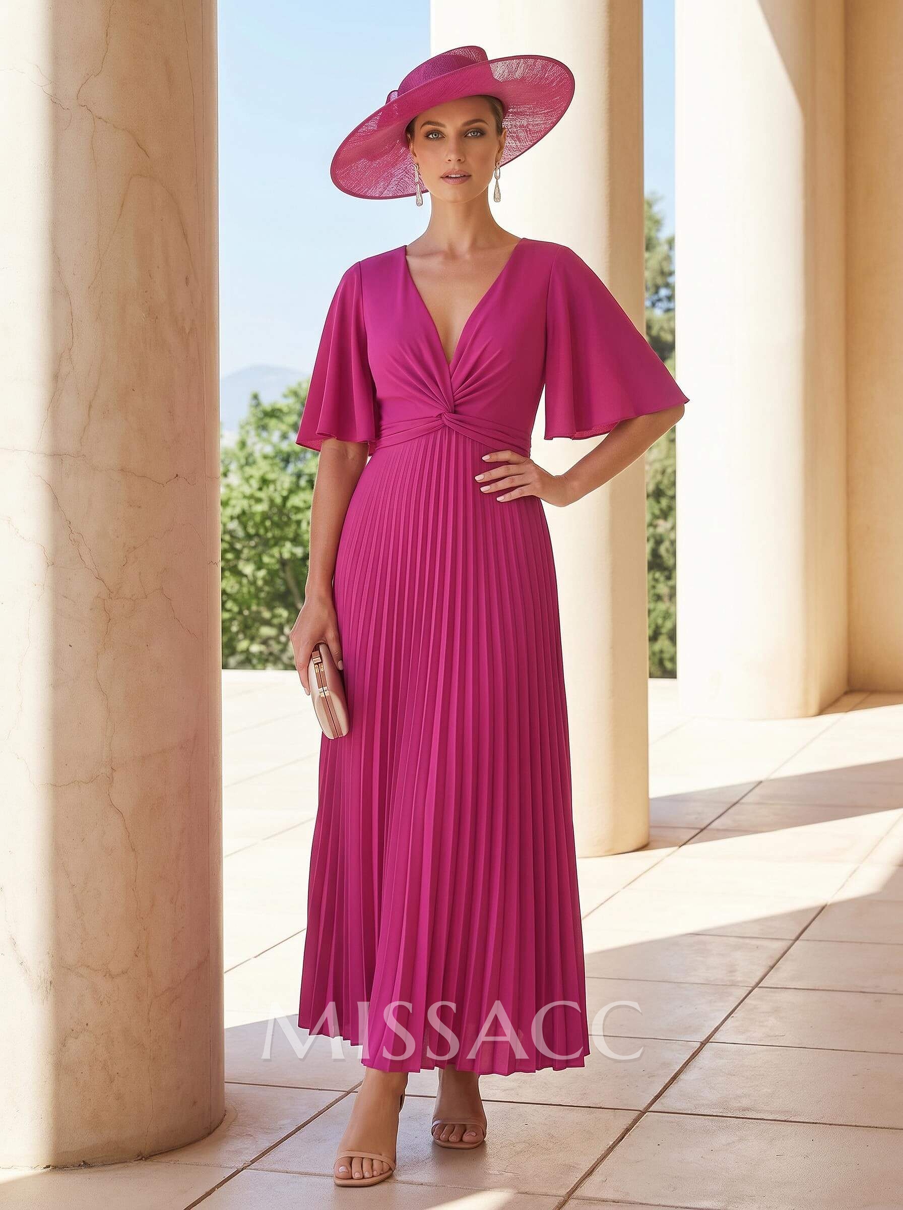 A-Line Plunge Neck 1/2 Sleeves Ankle-Length Elastic Satin Mother Of The Bride Dresses With Pleated