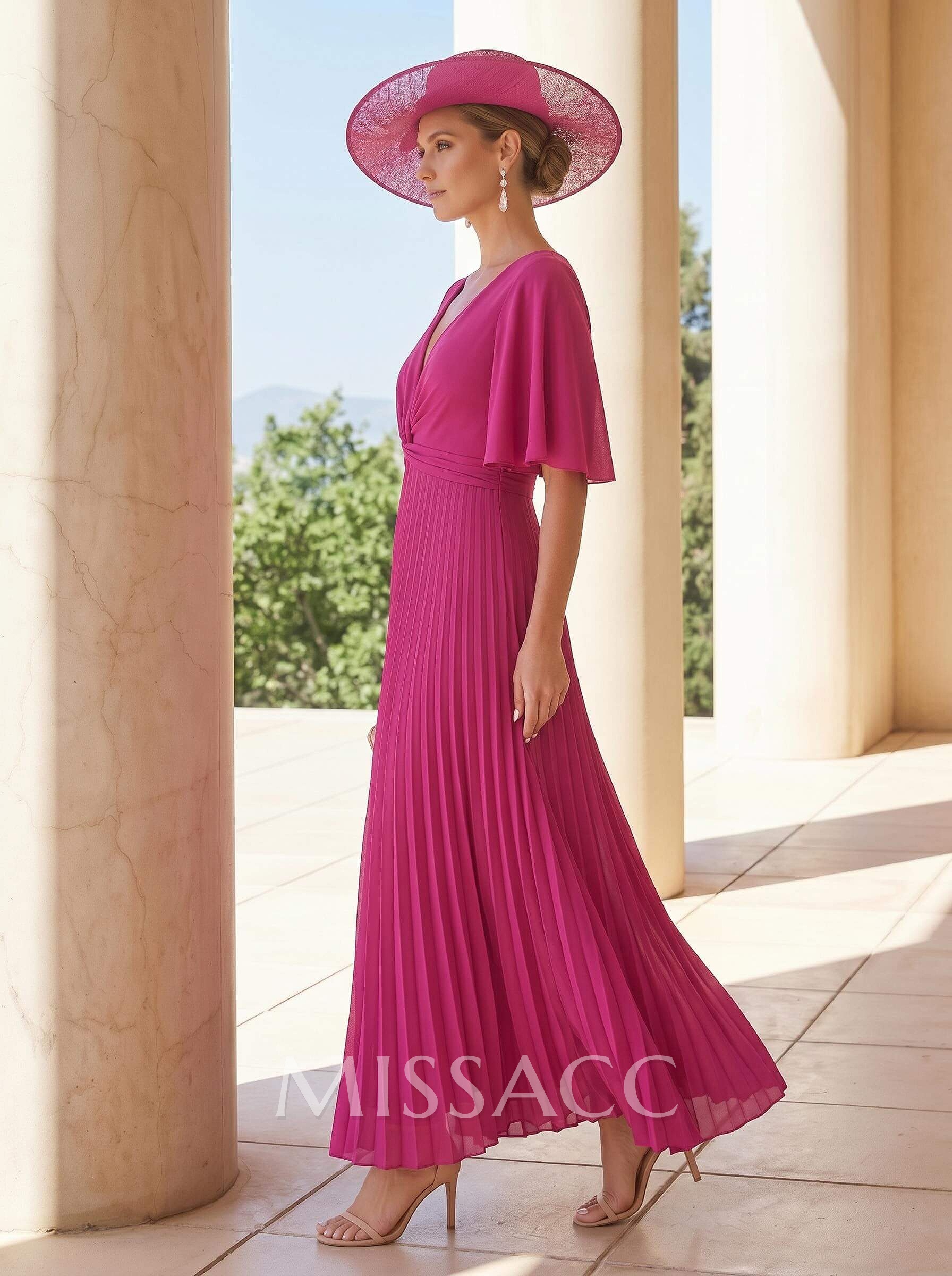 A-Line Plunge Neck 1/2 Sleeves Ankle-Length Elastic Satin Mother Of The Bride Dresses With Pleated
