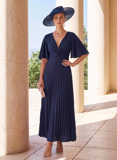 A-Line Plunge Neck 1/2 Sleeves Ankle-Length Stretch Chiffon Mother Of The Bride Dresses With Pleated