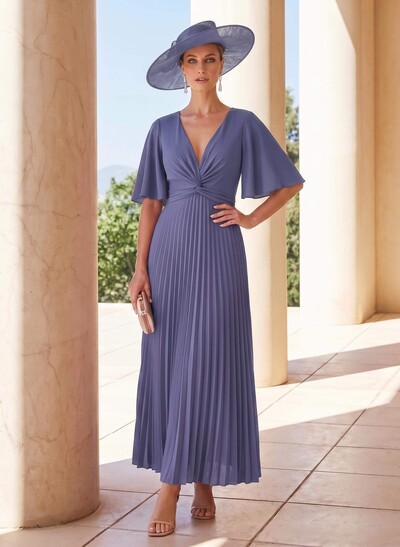 A-Line Plunging Neckline 1/2 Sleeve Ankle-Length Stretch Chiffon Pleated Mother of the Bride Dress