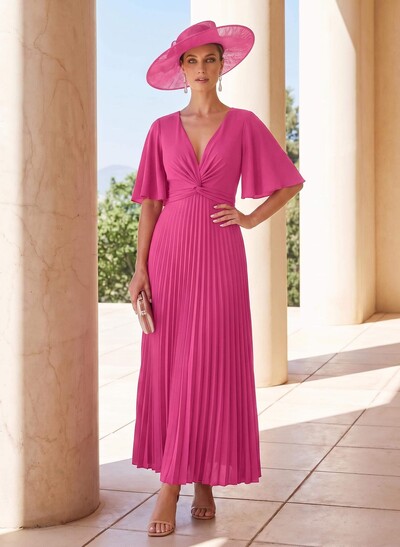 A-Line Plunge Neck Half Sleeve Ankle-Length Stretch Chiffon Pleated Mother Of The Bride Dress