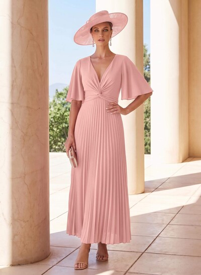 A-Line Plunge Neck 1/2 Sleeves Ankle-Length Stretch Chiffon Mother Of The Bride Dresses With Pleated